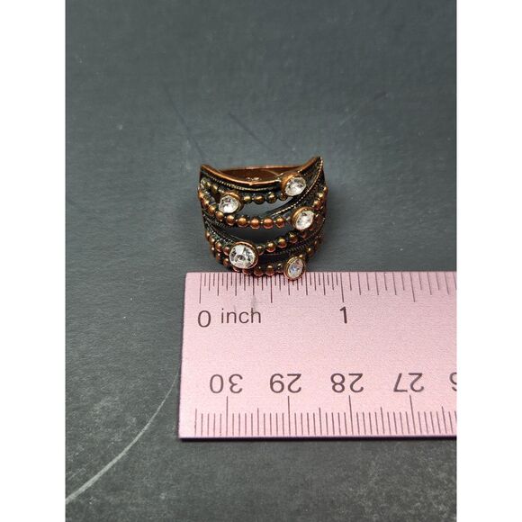 Copper Multi-Band Statement Ring Clear Crystals Size 9 Brass Accents Boho Chic - Picture 6 of 8
